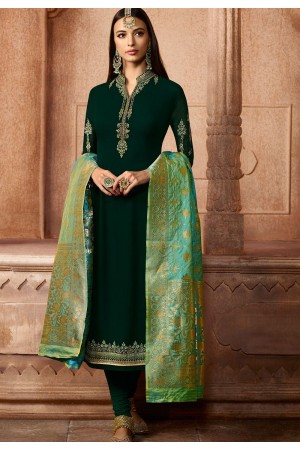 dark green georgette embroidered straight churidar suit 12083