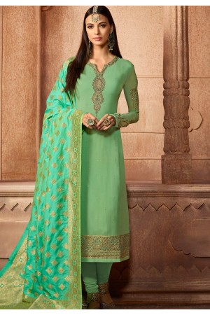 green shade georgette embroidered straight churidar suit 12086