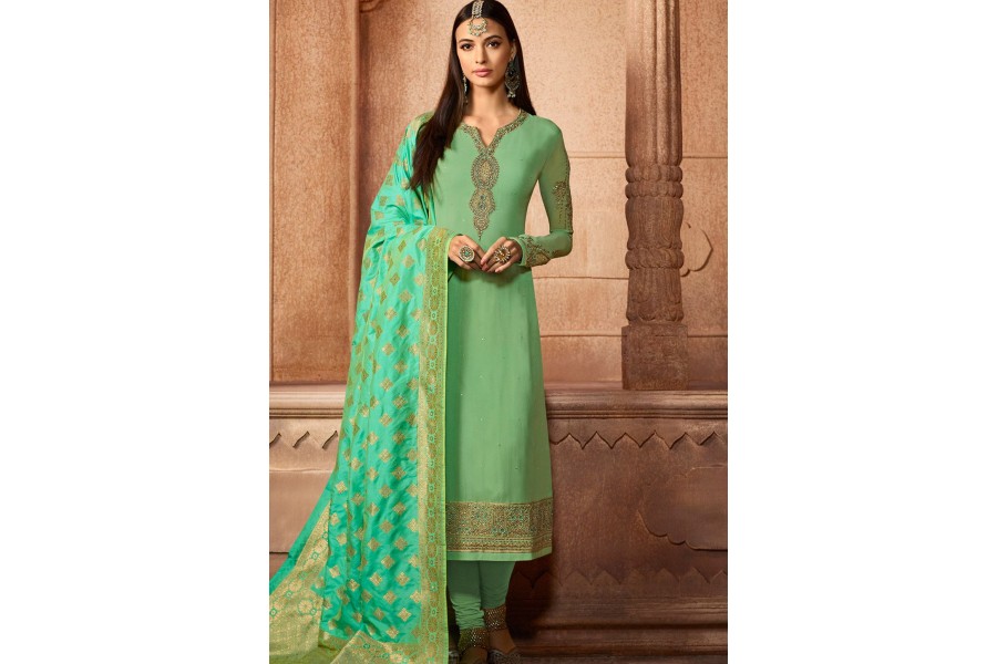 Dark Green Chudidar style Straight Satin Georgette