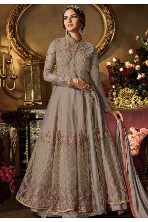 grey net satin embroidered floor length lehenga style suit 11065