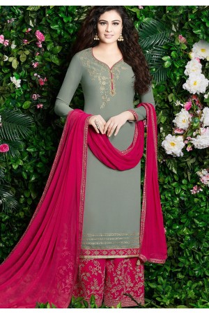 grey pink georgette embroidered palazzo style pakistani suit 30005