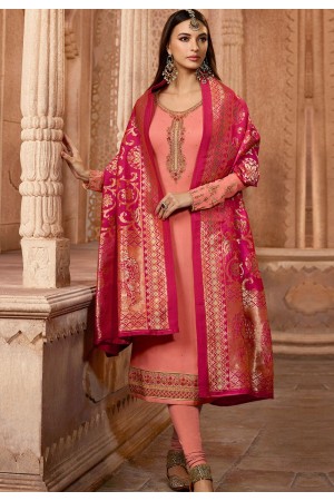 light pink georgette embroidered straight churidar suit 12082