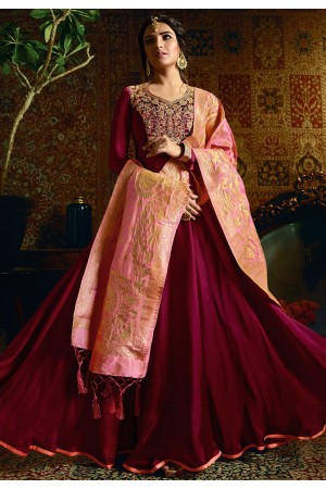 magenta satin georgette embroidered floor length anarkali suit 11058