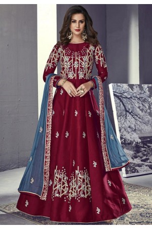maroon tussar silk embroidered long anarkali suit 702