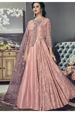 peach art silk embroidered floor length designer anarkali suit 703