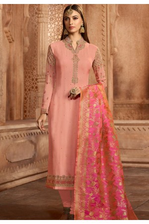 pink georgette embroidered straight churidar suit 12087