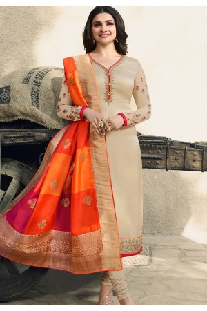 Fancy Fabric Beige Color Casual Wear Embroidered Work Kurti With Banarasi  Dupatta