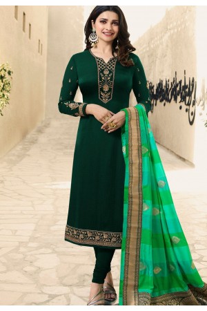 prachi desai dark green satin georgette straight cut suit with banarasi dupatta 9877