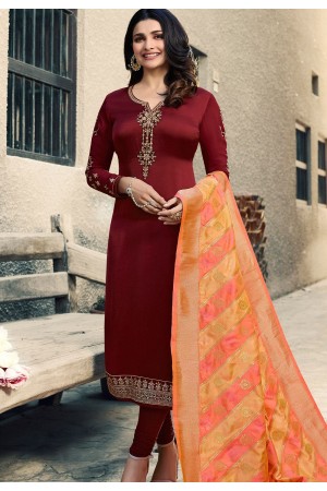 prachi desai maroon satin georgette straight cut suit with banarasi dupatta 9873