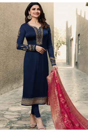 prachi desai navy blue satin georgette straight cut suit with banarasi dupatta 9878