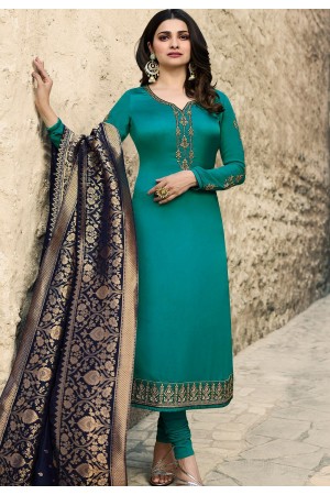 prachi desai teal green satin georgette straight cut suit with banarasi dupatta 9874