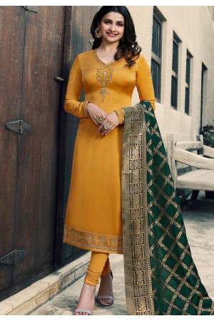 prachi desai yellow satin georgette straight cut suit with banarasi dupatta 9872