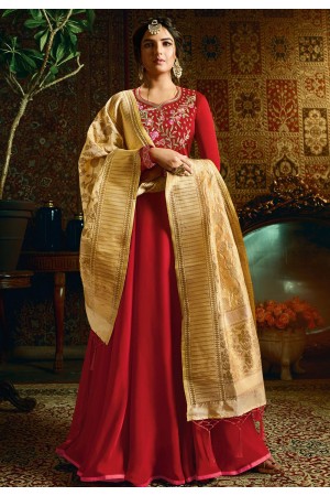 red satin georgette embroidered floor length anarkali suit 11054