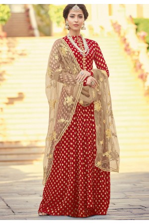 red viscose jacquard silk long pakistani suit 6801