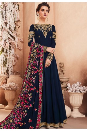 royal blue georgette long embroidered anarkali suit 8122