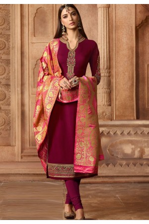 wine georgette embroidered straight churidar suit 12080
