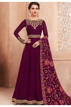 wine georgette long embroidered anarkali suit 8123