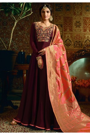 wine satin georgette embroidered floor length anarkali suit 11056