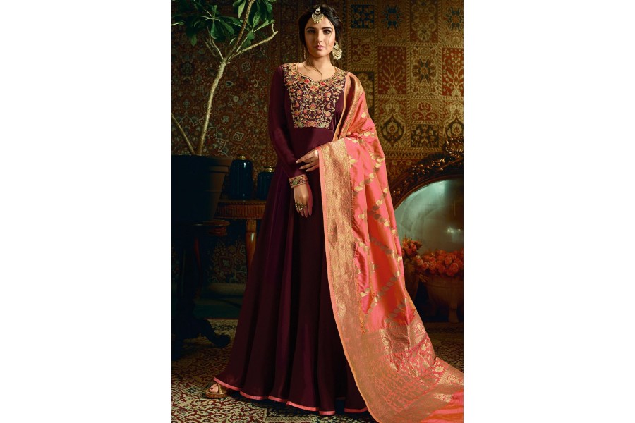 Women Wine Real Georgette Embroidered Anarkali Suit