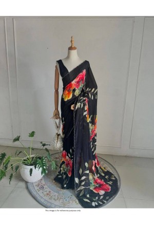 Bollywood Model Organza hand work floral party wear saree in black color