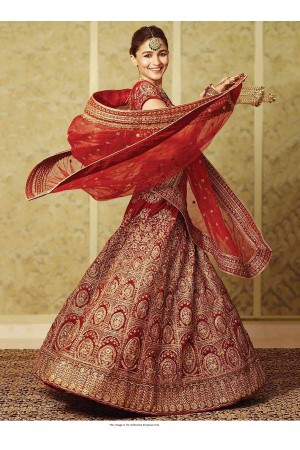 Bollywood Sabyasachi Inspired Alia Bhat Red velvet embroidered lehenga choli