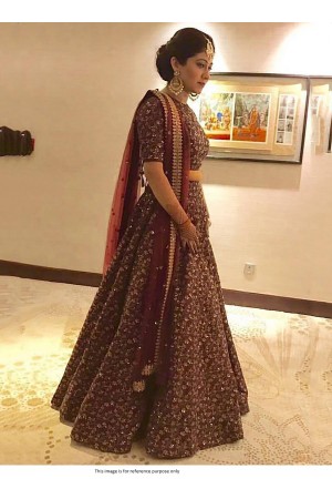 Bollywood Model Maroon raw silk sequins work lehenga choli