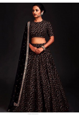Bollywood Model Black raw silk sequins work lehenga choli
