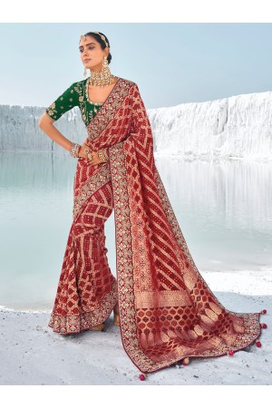 Maroon Pure georgette zari embroidered wedding saree with double blouse 7606
