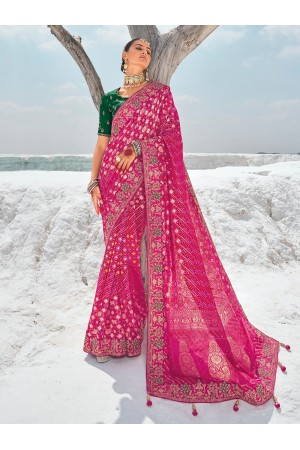 Pink Pure georgette zari embroidered wedding saree with double blouse 7603