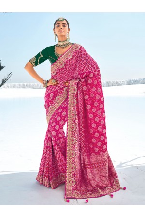 Pink Pure georgette zari embroidered wedding saree with double blouse 7605