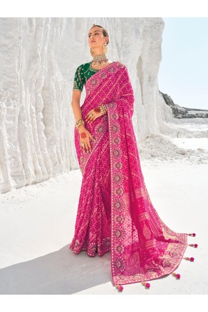 Pink Pure georgette zari embroidered wedding saree with double blouse 7608