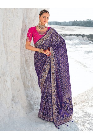 Blue Pure georgette zari embroidered wedding saree with double blouse 7602
