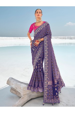Blue Pure georgette zari embroidered wedding saree with double blouse 7607