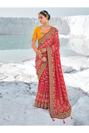 Red Pure georgette zari embroidered wedding saree with double blouse 7601