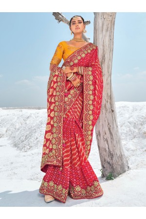 Red Pure georgette zari embroidered wedding saree with double blouse 7609