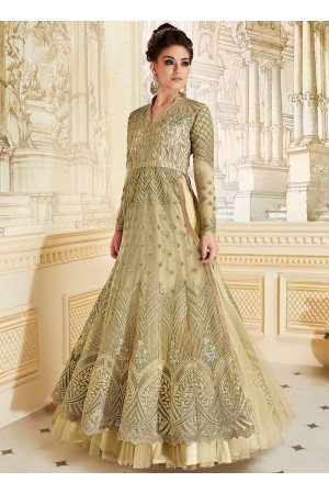 Beige color net party wear anarkali suit