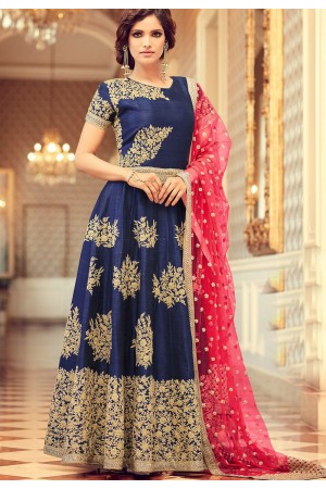 Blue color tafetta silk  party wear anarkali suit