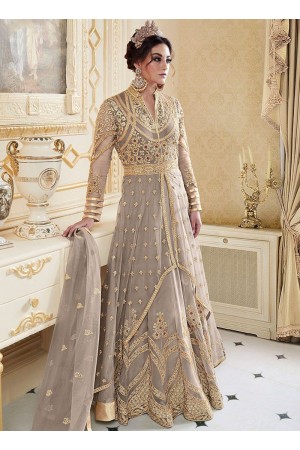 Grey color net party wear anarkali suit