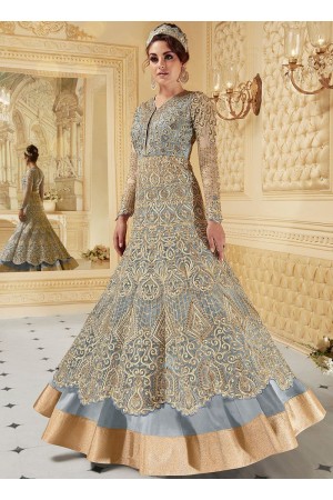 Grey color net party wear anarkali suit