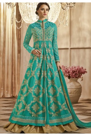 Teal green color georgette party wear lehenga kameez