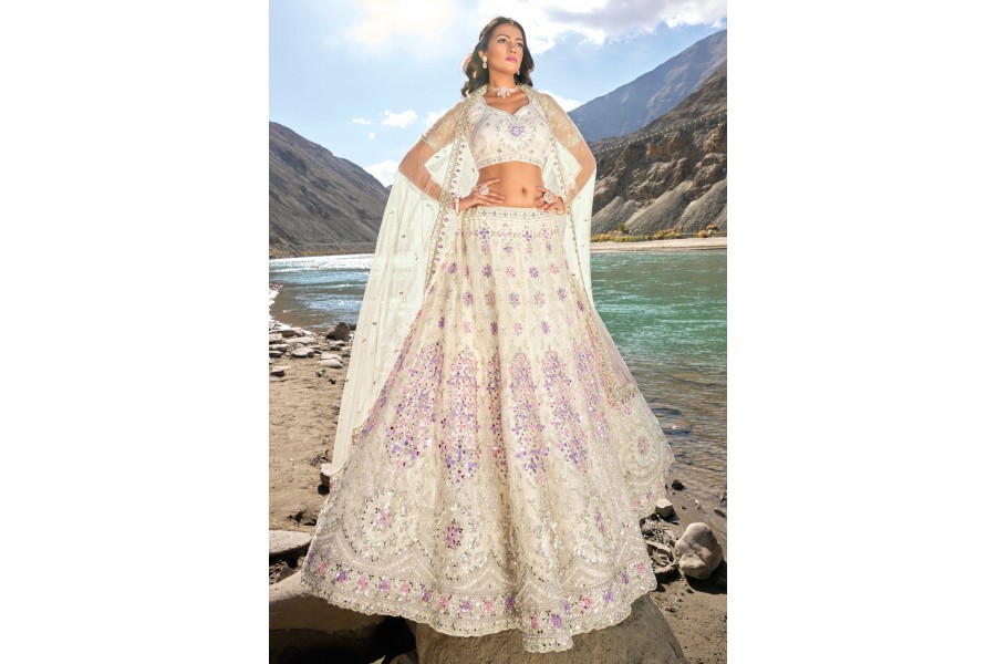 Dreamy Cream Net Full Flaired Designer Lehenga Choli