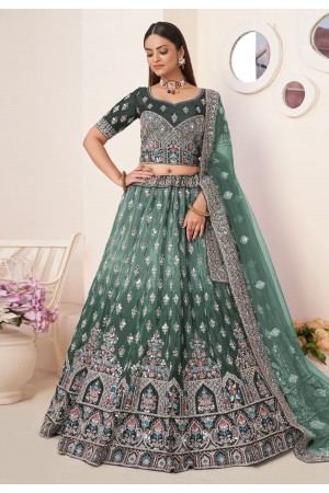 Green satin mirror work chaniya choli 87024