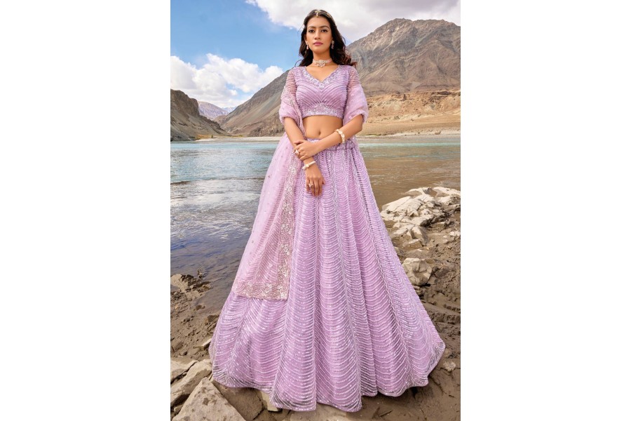Embroidered Net Lavender Sangeet & Wedding Wear Lehenga Choli
