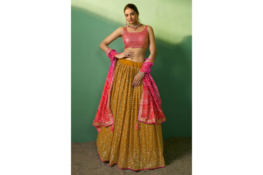 Mustard Designer Lehenga With Choli & Dupatta [PreOrder]