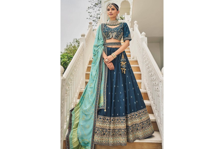 Navy Blue Faux Chiffon Trendy Lehenga Choli - Rent main image 1