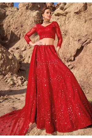 Red net lehenga choli for wedding 7401