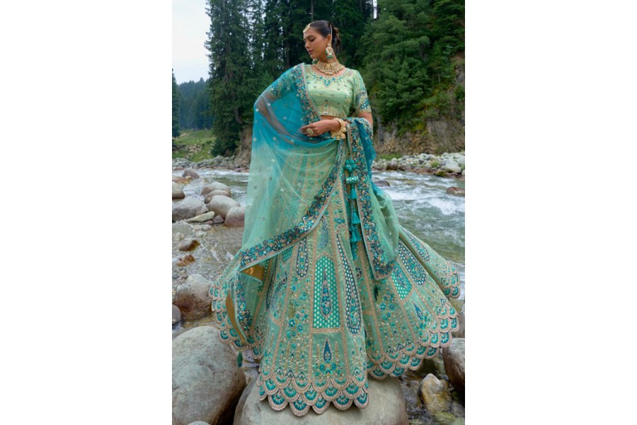 Wedding Wear Sea Green Chiffon Embroidered Lehenga Choli