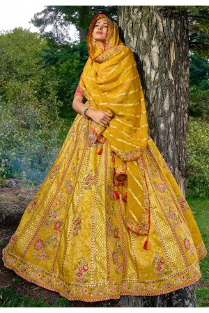 Yellow silk circular lehenga choli for wedding 6502