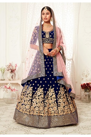 Blue velvet wedding lehenga choli 16041