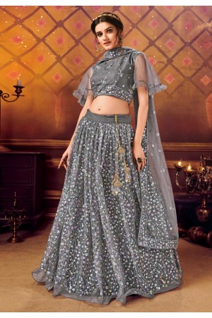 Dark gray net embroidered circular lehenga choli 108045